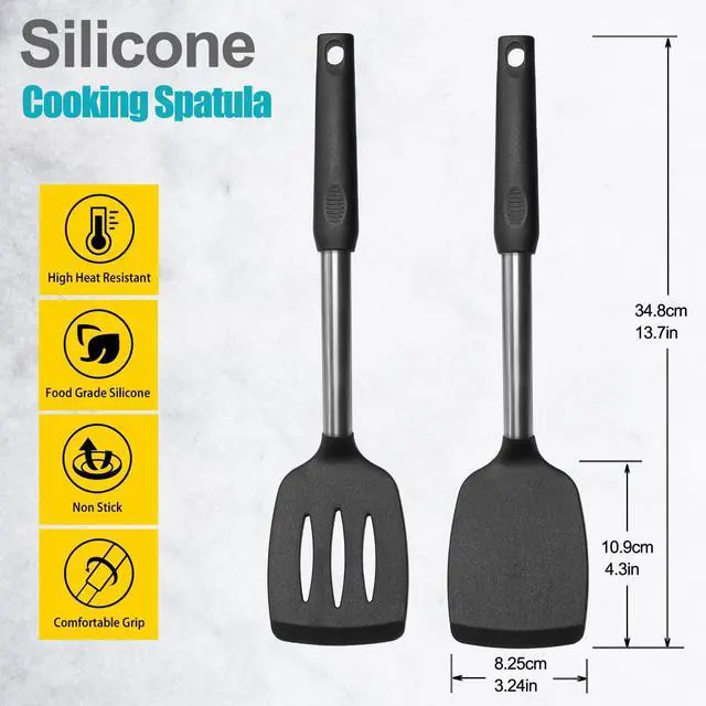 Alt view image 2 of 7 - 2 Pack Spatulas, Solid & Slotted Silicone Spatula Set, Stainless Steel Handle Coated with Silicone, Non Stick Turners, Heat Resistant Rubber Spatulas for Fish, Eggs, Pancakes, WOK, Black