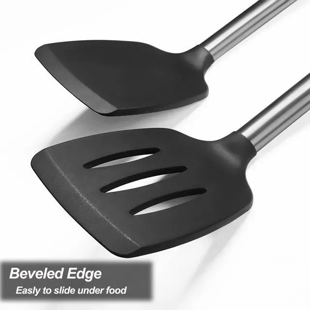 Alt view image 7 of 7 - 2 Pack Spatulas, Solid & Slotted Silicone Spatula Set, Stainless Steel Handle Coated with Silicone, Non Stick Turners, Heat Resistant Rubber Spatulas for Fish, Eggs, Pancakes, WOK, Black