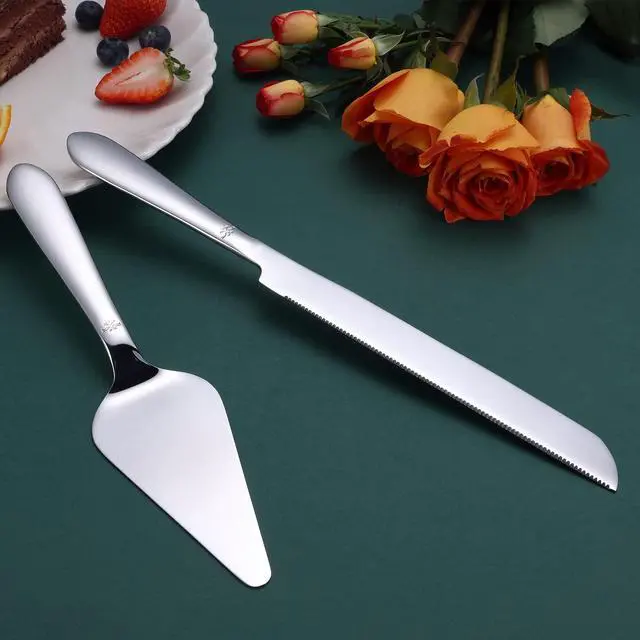 Alt view image 2 of 7 - Cake Cutting Set for Wedding, Elegant Cake Knife and Server Set with Thickened Stainless Steel Rounded Edges, Cake Cutter and Pie Spatula for Birthday Anniversary, 2 Pcs, Silver