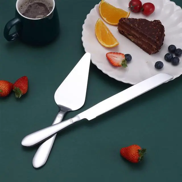 Alt view image 3 of 7 - Cake Cutting Set for Wedding, Elegant Cake Knife and Server Set with Thickened Stainless Steel Rounded Edges, Cake Cutter and Pie Spatula for Birthday Anniversary, 2 Pcs, Silver