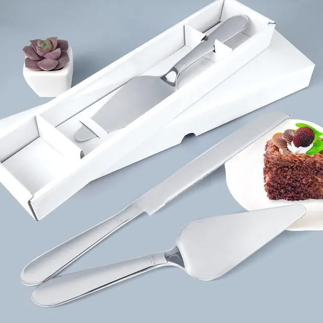 Alt view image 6 of 7 - Cake Cutting Set for Wedding, Elegant Cake Knife and Server Set with Thickened Stainless Steel Rounded Edges, Cake Cutter and Pie Spatula for Birthday Anniversary, 2 Pcs, Silver