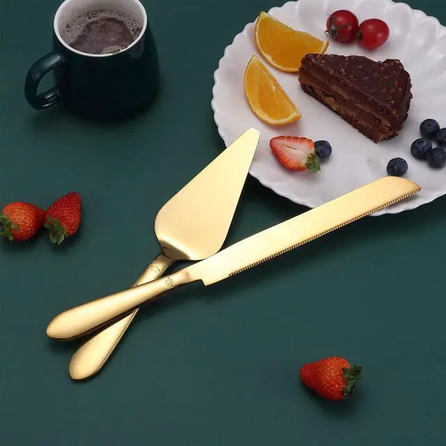 Alt view image 3 of 7 - Cake Cutting Set for Wedding, Elegant Cake Knife and Server Set with Thickened Stainless Steel Rounded Edges, Cake Cutter Pie Spatula for Birthday Anniversary, 2 Pcs, Gold