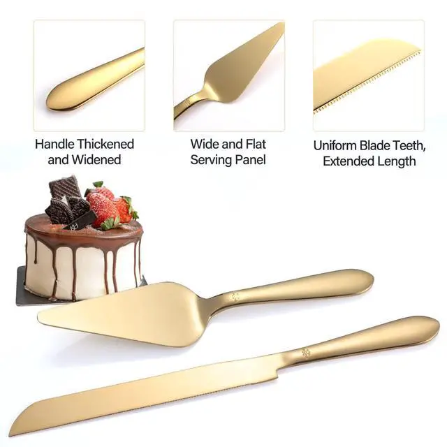Alt view image 5 of 7 - Cake Cutting Set for Wedding, Elegant Cake Knife and Server Set with Thickened Stainless Steel Rounded Edges, Cake Cutter Pie Spatula for Birthday Anniversary, 2 Pcs, Gold