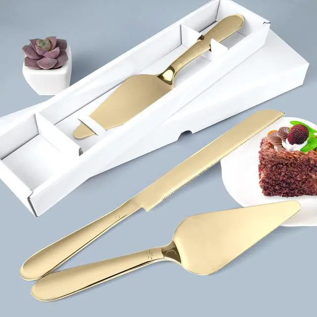 Alt view image 6 of 7 - Cake Cutting Set for Wedding, Elegant Cake Knife and Server Set with Thickened Stainless Steel Rounded Edges, Cake Cutter Pie Spatula for Birthday Anniversary, 2 Pcs, Gold