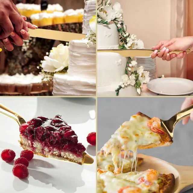 Alt view image 7 of 7 - Cake Cutting Set for Wedding, Elegant Cake Knife and Server Set with Thickened Stainless Steel Rounded Edges, Cake Cutter Pie Spatula for Birthday Anniversary, 2 Pcs, Gold