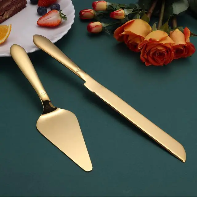 Alt view image 2 of 7 - Cake Cutting Set for Wedding, Elegant Cake Knife and Server Set with Thickened Stainless Steel Rounded Edges, Cake Cutter Pie Spatula for Birthday Anniversary, 2 Pcs, Gold