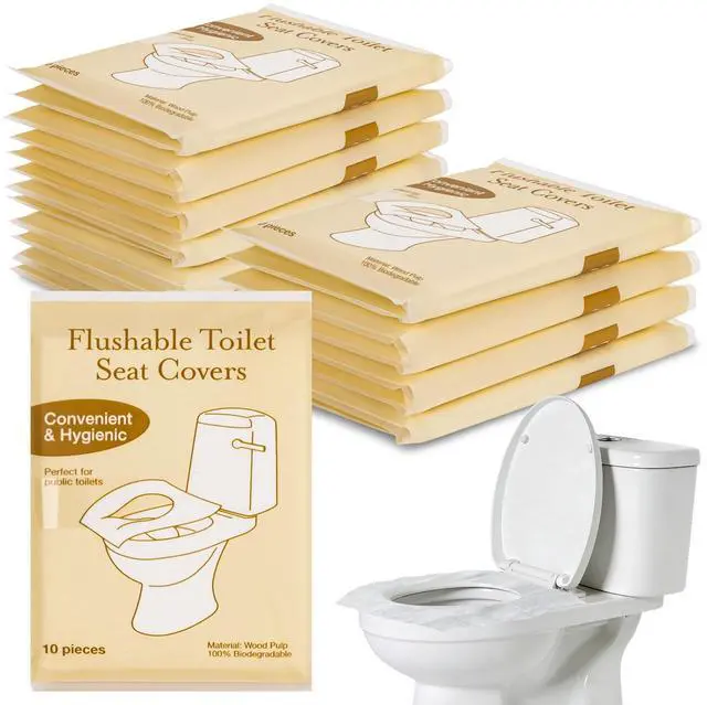 Main image of Disposable Flushable Toilet Seat Covers - 10 Pack Individually Wrapped Portable Travel Liners, Biodegradable Paper for Airplane Hotel Camping Public Restrooms, Purse-Size Emergency Essential