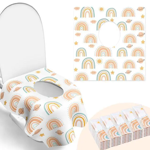 Main image of 30 Pack Toilet Seat Covers Disposable, Individually Wrapped for Travel, Large Waterproof Potty Covers for Kids and Adults,Toddler Potty Training for Public Restroom, Airplane, Trip - Rainbow