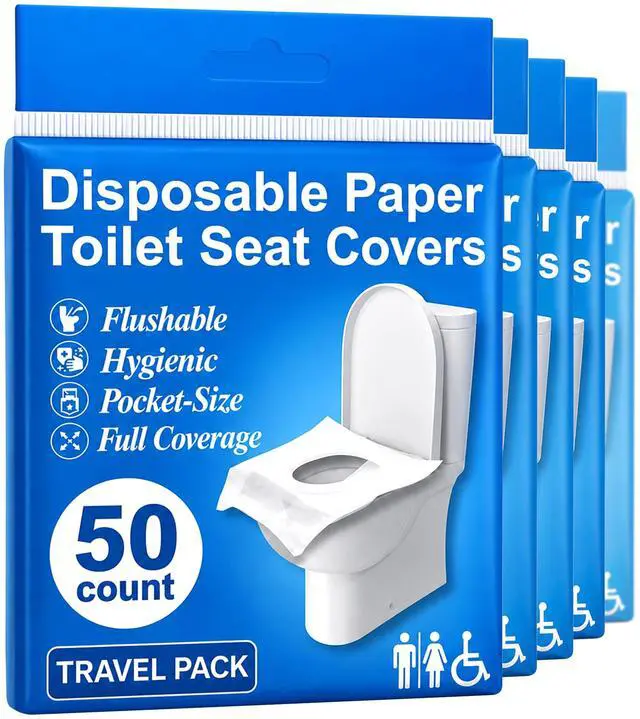 Main image of Disposable Toilet Seat Covers Flushable XL 50 Pack Adults & Kids Potty Training Travel Toilet Seat Cover 100% Biodegradable Public Restroom Protection for Airplane, Camping, Festivals