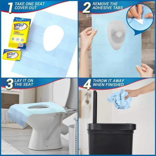 Alt view image 5 of 7 - 20 Pack XL Disposable Toilet Seat Covers Waterproof Toilet Cover Sheets with Adhesive Tabs for Adults, Kids & Toddlers, Travel, Public Restrooms, Airplane, Camping