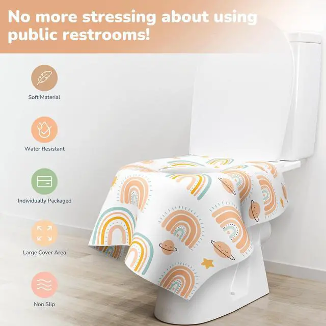 Alt view image 4 of 7 - 30 Pack Toilet Seat Covers Disposable, Individually Wrapped for Travel, Large Waterproof Potty Covers for Kids and Adults,Toddler Potty Training for Public Restroom, Airplane, Trip - Rainbow