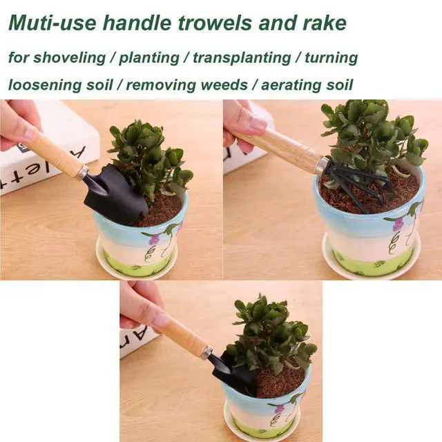 Alt view image 4 of 6 - 3 Pcs Mini Garden Tools Set Small Tiny Shovel Trowel and Hand Rake with Solid Wood Handle Indoor Gardening Tools for Pot Plants Succulent Bonsai