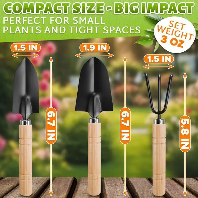 Alt view image 2 of 7 - 3 Pcs Mini Gardening Tools Mini Garden Tools Set with Narrow Shovel, Wide Shovel & Hand Rake, Stainless Steel Heads with Ergonomic Wooden Handles Potting & Transplanting Kit for Indoor Plant Care