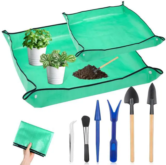 Main image of Plant Repotting Mat for Garden, 2 Pcs Waterproof Potting Mat Foldable Indoor Plant Mats Portable Square Gardening Mat Potting Tray with 6 Pcs Mini Garden Tools Set for Plant Lovers Gardening Gifts