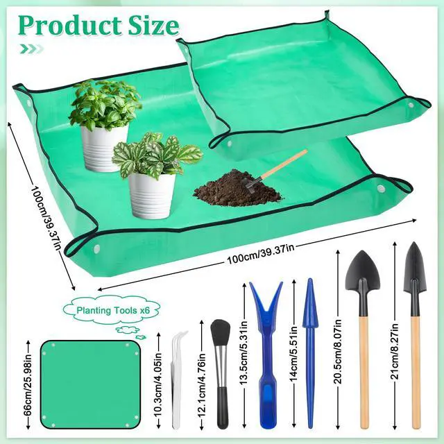 Alt view image 3 of 7 - Plant Repotting Mat for Garden, 2 Pcs Waterproof Potting Mat Foldable Indoor Plant Mats Portable Square Gardening Mat Potting Tray with 6 Pcs Mini Garden Tools Set for Plant Lovers Gardening Gifts
