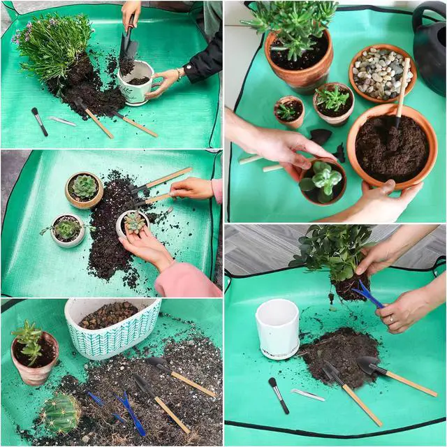 Alt view image 6 of 7 - Plant Repotting Mat for Garden, 2 Pcs Waterproof Potting Mat Foldable Indoor Plant Mats Portable Square Gardening Mat Potting Tray with 6 Pcs Mini Garden Tools Set for Plant Lovers Gardening Gifts