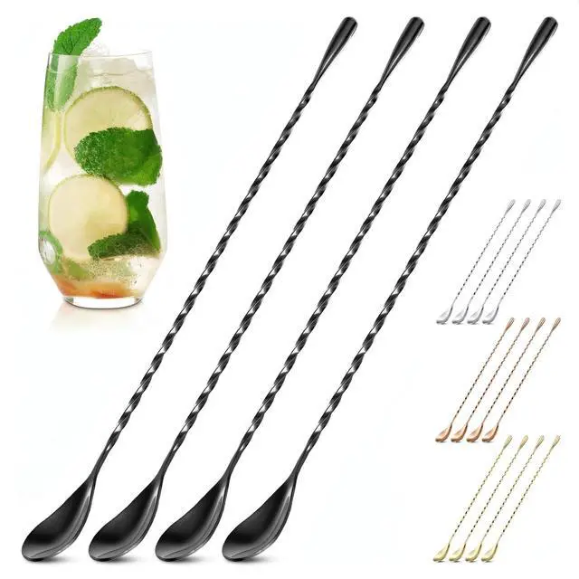 Main image of 4 Pcs Black Bar Spoons Cocktail Mixing Spoon Set 12 Inches Stainless Steel Stirring Spoons with Twisted Spiral Handle Ideal for Cocktails, Iced Tea, Iced Latte | Home & Coffee Bar Sugar Spoon