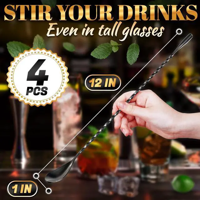 Alt view image 2 of 7 - 4 Pcs Black Bar Spoons Cocktail Mixing Spoon Set 12 Inches Stainless Steel Stirring Spoons with Twisted Spiral Handle Ideal for Cocktails, Iced Tea, Iced Latte | Home & Coffee Bar Sugar Spoon