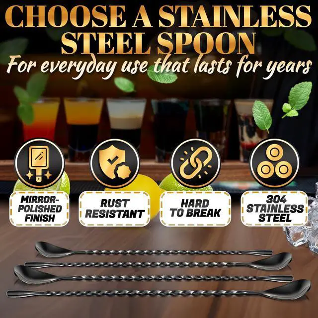 Alt view image 3 of 7 - 4 Pcs Black Bar Spoons Cocktail Mixing Spoon Set 12 Inches Stainless Steel Stirring Spoons with Twisted Spiral Handle Ideal for Cocktails, Iced Tea, Iced Latte | Home & Coffee Bar Sugar Spoon