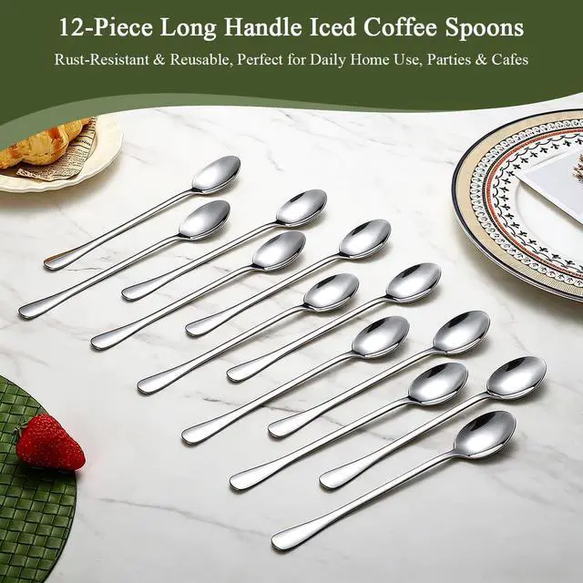 Alt view image 3 of 7 - Long Handle Iced Tea Spoons 12 Pieces 7.87", Stainless Steel Coffee Spoon, Ice Cream Spoons, Latte Spoon for Mothers Milks Tea Mixing Cocktail Stirring Coffee Milkshake Cold Drink