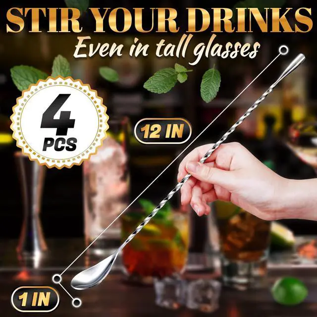 Alt view image 2 of 7 - 4 Pcs Bar Spoon Cocktail Mixing Spoon 12'' Stainless Steel Cocktail Stirrers for Drinks, Polished Surface, Easy to Clean Useful Bar Spoons for Professional and Home Use