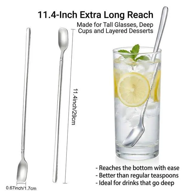 Alt view image 4 of 7 - Iced Tea Spoons Long Handle, 11.4-Inch Extra Long Stirring Spoons for Tall Glasses Stainless Steel Long Handle Spoons for Iced Coffee, Milkshake, Sundae, Ice Cream & Cocktail, Set of 4
