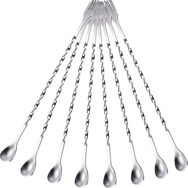 Main image of 8 Pcs 10 Inch Long Bar Spoon Cocktail Spoon Stirring Mixing Stainless Steel Spiral Pattern Stirrers Spoons Dirty Soda Bar Supplies Gift for Bartender Home (Silver)