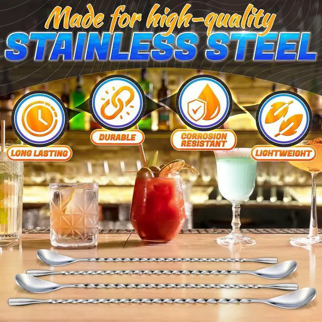 Alt view image 3 of 7 - 4 Pcs Bar Spoon Cocktail Mixing Spoon 12'' Long Stainless Steel Cocktail Stirrers with Polished Surface, Easy to Clean Great for Professional and Home Use, Practical Gift for Drink Mixing Lovers