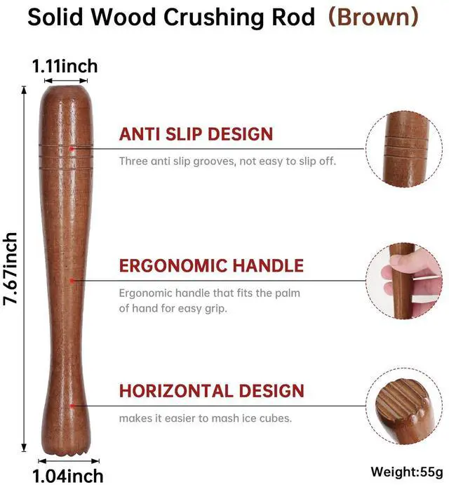 Alt view image 2 of 6 - 7.6" Brown Wooden Muddler for Cocktails Durable Wood Ice Crusher Stylish Wooden Mojito Muddler Bar Tool Handy Cocktail Muddler- Perfect Masher Kitchen Tool for Garlic Avocado Herbs and Fruits