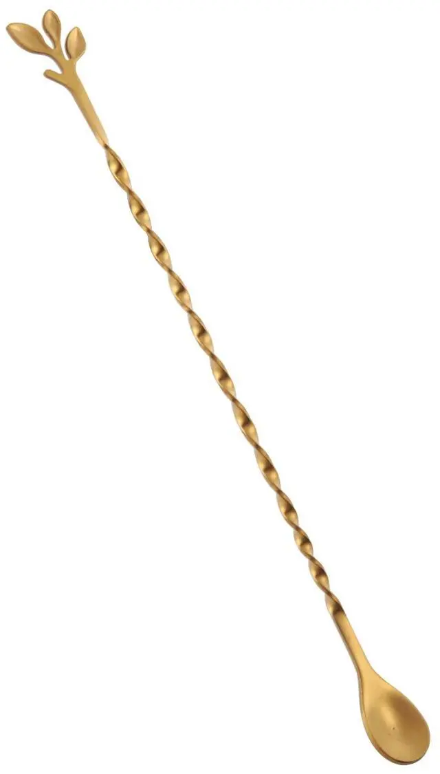 Main image of Gold 10-Inch Stainless Steel Cocktail Spoon with Leaf Handle