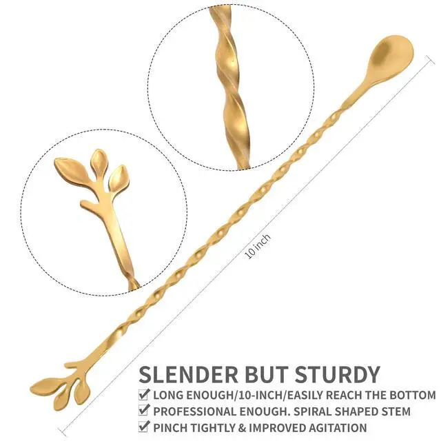 Alt view image 2 of 7 - Gold 10-Inch Stainless Steel Cocktail Spoon with Leaf Handle