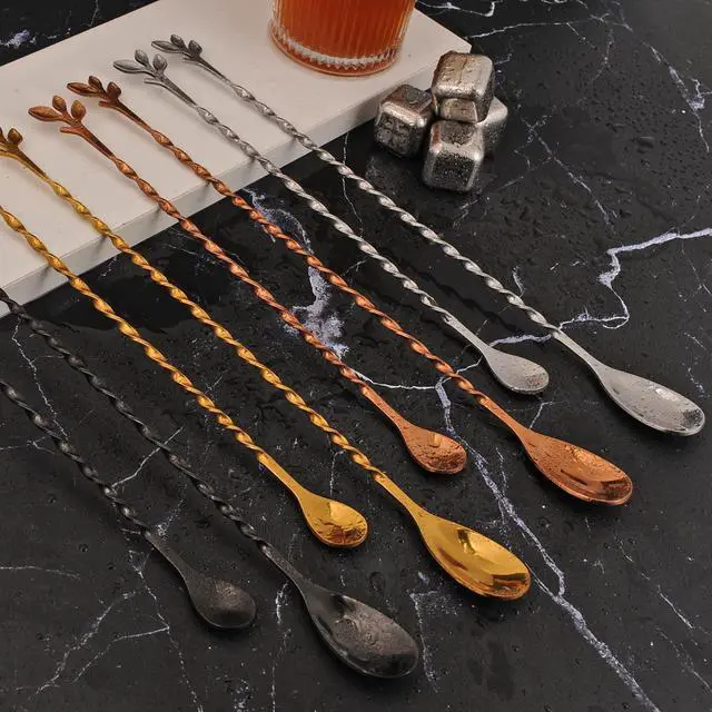 Alt view image 6 of 7 - Gold 10-Inch Stainless Steel Cocktail Spoon with Leaf Handle