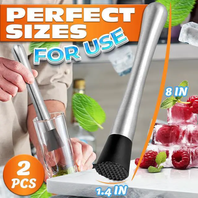 Alt view image 2 of 7 - 2 Pcs Bar Muddler for Cocktails with Glass-Safe Grooved Nylon Head - 8" Stainless Steel Muddler for Lemonade, Dishwasher Safe - Lemonade Stand Supplies for Mojitos, Citrus, Mint, Herb & Fruit Mixing