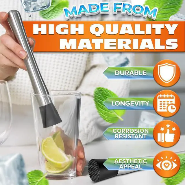 Alt view image 3 of 7 - 2 Pcs Bar Muddler for Cocktails with Glass-Safe Grooved Nylon Head - 8" Stainless Steel Muddler for Lemonade, Dishwasher Safe - Lemonade Stand Supplies for Mojitos, Citrus, Mint, Herb & Fruit Mixing