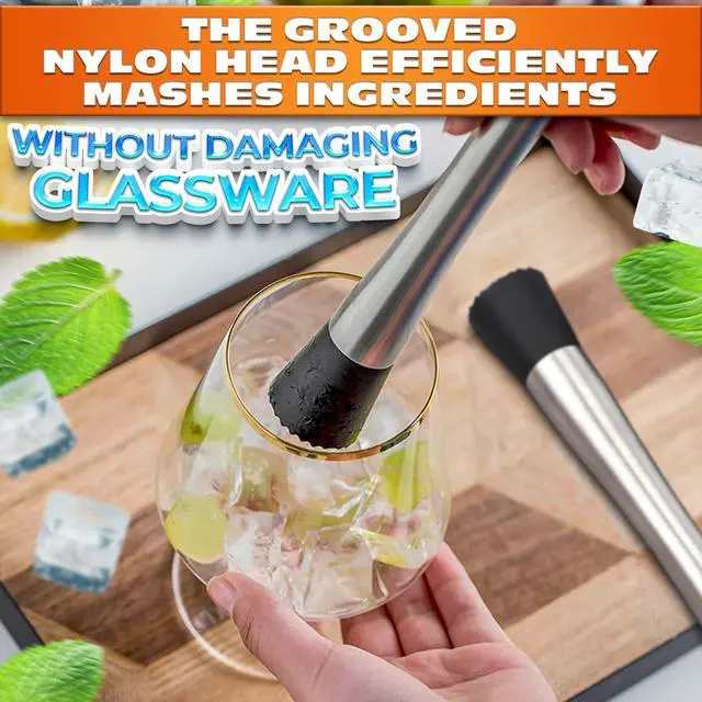 Alt view image 5 of 7 - 2 Pcs Bar Muddler for Cocktails with Glass-Safe Grooved Nylon Head - 8" Stainless Steel Muddler for Lemonade, Dishwasher Safe - Lemonade Stand Supplies for Mojitos, Citrus, Mint, Herb & Fruit Mixing