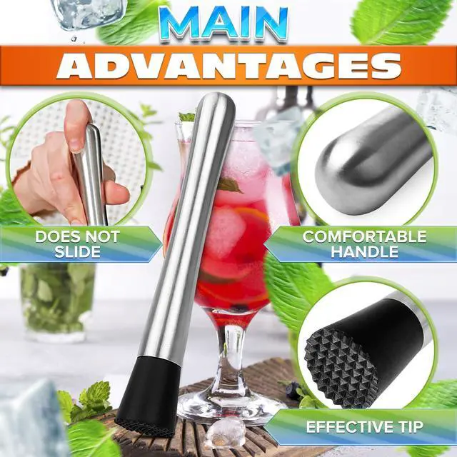 Alt view image 4 of 7 - 2 Pcs Bar Muddler for Cocktails with Glass-Safe Grooved Nylon Head - 8" Stainless Steel Muddler for Lemonade, Dishwasher Safe - Lemonade Stand Supplies for Mojitos, Citrus, Mint, Herb & Fruit Mixing