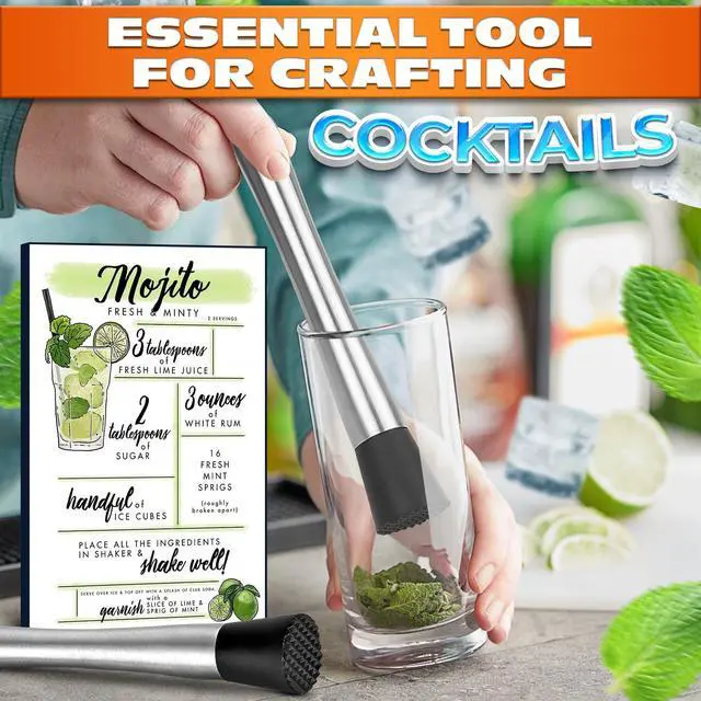 Alt view image 6 of 7 - 2 Pcs Bar Muddler for Cocktails with Glass-Safe Grooved Nylon Head - 8" Stainless Steel Muddler for Lemonade, Dishwasher Safe - Lemonade Stand Supplies for Mojitos, Citrus, Mint, Herb & Fruit Mixing