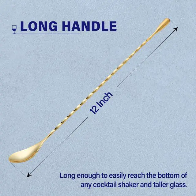 Alt view image 2 of 7 - 2 Pcs 12 Inches Bar Spoon, Long Handle Mixing Stirrers for Drink, Briout Stainless Steel Bar Cocktail Shaker Spoon, Gold