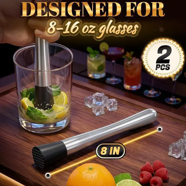 Alt view image 2 of 7 - 2 Pcs Bar Muddler for Cocktails 8" Stainless Steel Cocktail Muddler for Lemonade, Essential Bar Supplies and Accessories Lemon Smasher & Fruit Smasher for Drinks Mixing & Lemonade Stand Supplies