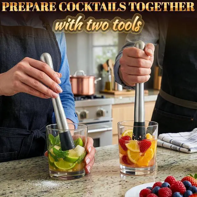 Alt view image 3 of 7 - 2 Pcs Bar Muddler for Cocktails 8" Stainless Steel Cocktail Muddler for Lemonade, Essential Bar Supplies and Accessories Lemon Smasher & Fruit Smasher for Drinks Mixing & Lemonade Stand Supplies