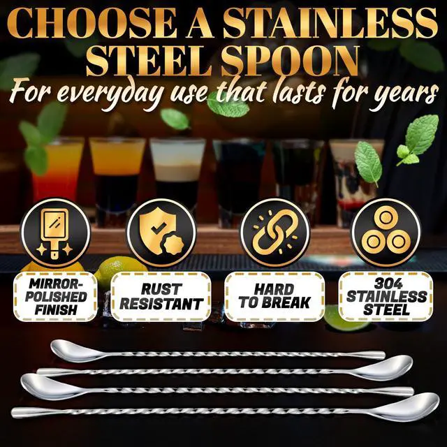 Alt view image 3 of 7 - 4 Pcs Bar Spoon Cocktail Mixing 12'' Long Stainless Steel Cocktail Stirrers with Polished Surface Home Bars, Coffee & Dirty Soda Bar Supplies, Practical Gift for Drink Mixing Lovers | Sugar Spoon