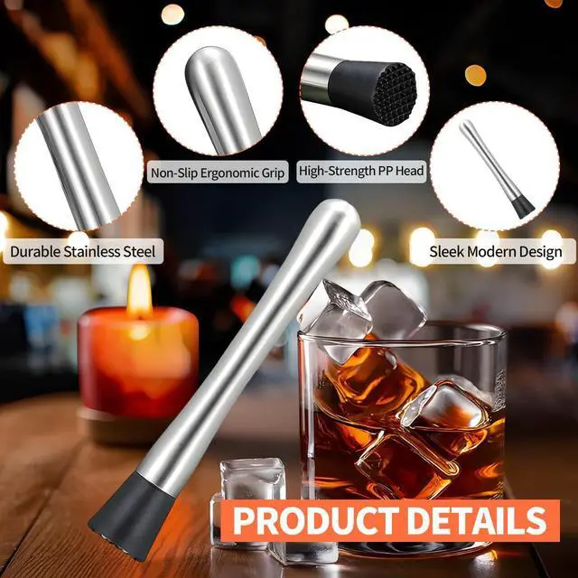 Alt view image 3 of 7 - 2 PCS Muddler for Cocktails,8" Stainless Steel Cocktail Muddler for Lemonade, Lemon Smasher Bartender Accessories, Crushes Ice,Fruits & Herbs, Bartender Tool for Home,Bar Use,Lemonade stand supplies