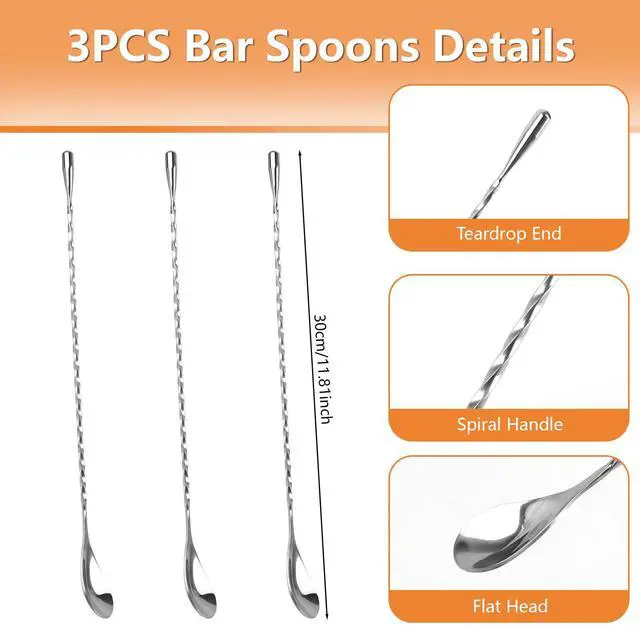 Alt view image 2 of 7 - 3 PCS 12 Inch Bar Spoon, Stirring Spoons, Cocktail Spoon, Drink Stirrer, Mixing Spoon Spiral Pattern Stainless Steel Cocktail Stirrers for Home or Bar Cocktail, Coffee, Ice Cream, Sundae (Silver)