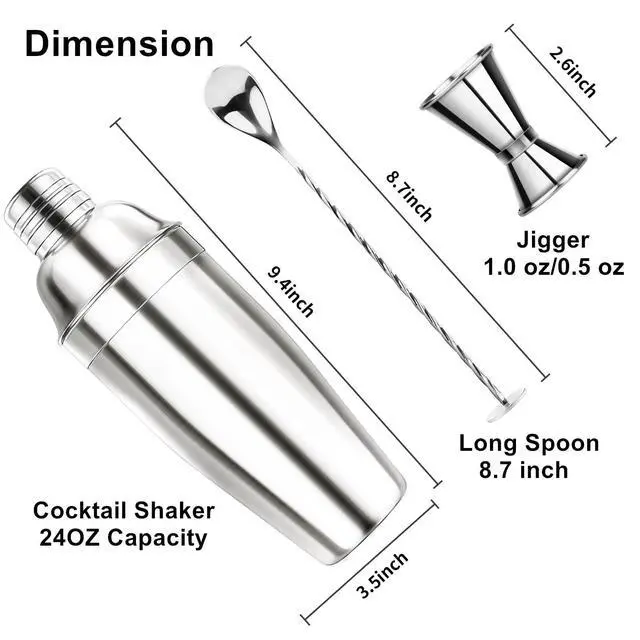 Alt view image 2 of 7 - 24OZ Cocktail Shaker Set - Cocktail Bar Martini Drink Shaker Set with Strainer, Stainless Steel Bartender Kit Drink Mixer with Jigger, Mixing Spoon, Bar Accessories for Beginners