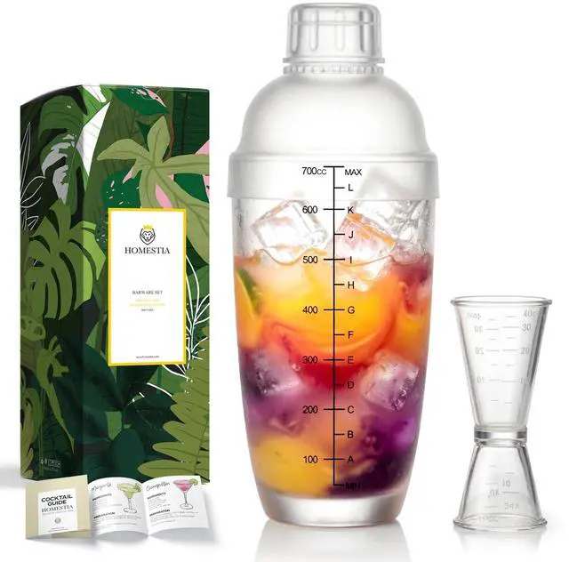 Main image of 2 Pieces Plastic Cocktail Shaker Set - 24oz 700cc Drink Mixer Built-in Strainer with Double Jigger & Recipes Book, Leakproof Bartender Kit for Cocktails, Boba Tea, Milkshakes