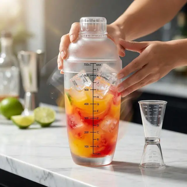 Alt view image 3 of 7 - 2 Pieces Plastic Cocktail Shaker Set - 24oz 700cc Drink Mixer Built-in Strainer with Double Jigger & Recipes Book, Leakproof Bartender Kit for Cocktails, Boba Tea, Milkshakes
