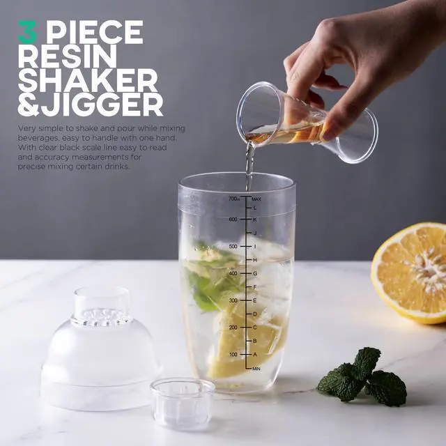 Alt view image 4 of 7 - 2 Pieces Plastic Cocktail Shaker Set - 24oz 700cc Drink Mixer Built-in Strainer with Double Jigger & Recipes Book, Leakproof Bartender Kit for Cocktails, Boba Tea, Milkshakes