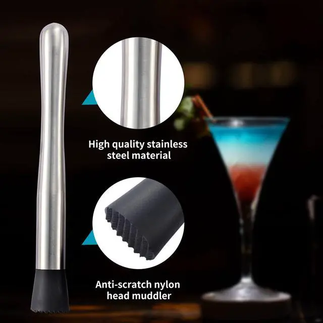 Alt view image 2 of 6 - 10 inch & 8 inch Stainless Steel Cocktail Muddler with 2 Mixing Spoon, Home Bar Tool Set, for Making & Creating Delicious Mojitos, & Other Fruit Based Drinks & Beverages in Various Containers
