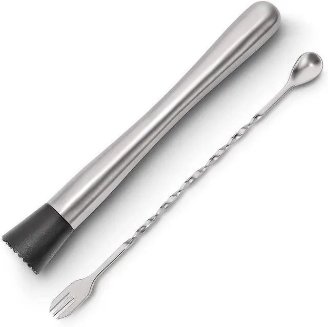Main image of Food-Grad 304 Stainless Steel Cocktail Muddler and Mixing Spoon Home Bar Tool Set - Dishwasher Safe - Create Delicious Mojitos and Other Fruit Based Drinks (10" Muddler+Spoon)