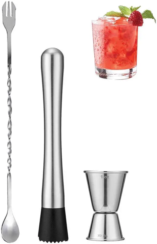 Main image of Professional Bar Tools Set, 8-inch Stainless Steel Muddler, 10-inch Mixing Spoon, Measuring Jigger for Cocktails, Home Bartenders, Mojitos, Margaritas and Fruit-Based Drinks